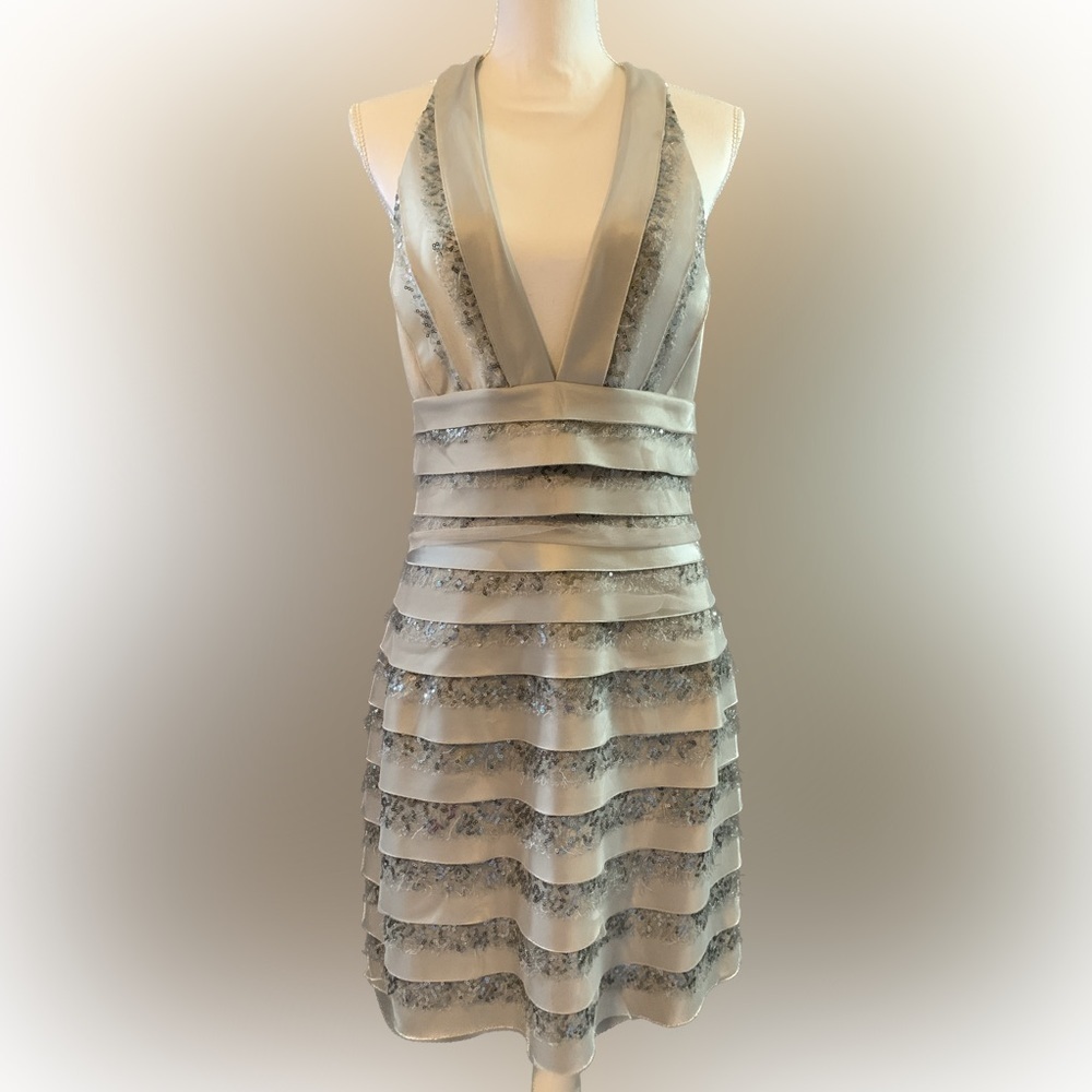 BCBGMAXAZRIA Vivica Silver Halter Dress Size 12